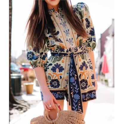 2025 Summer Fashion Jumpsuits New Women's Elegant Bohemian High Street Romper Printed Single Breasted Strap Streetwear Playsuits