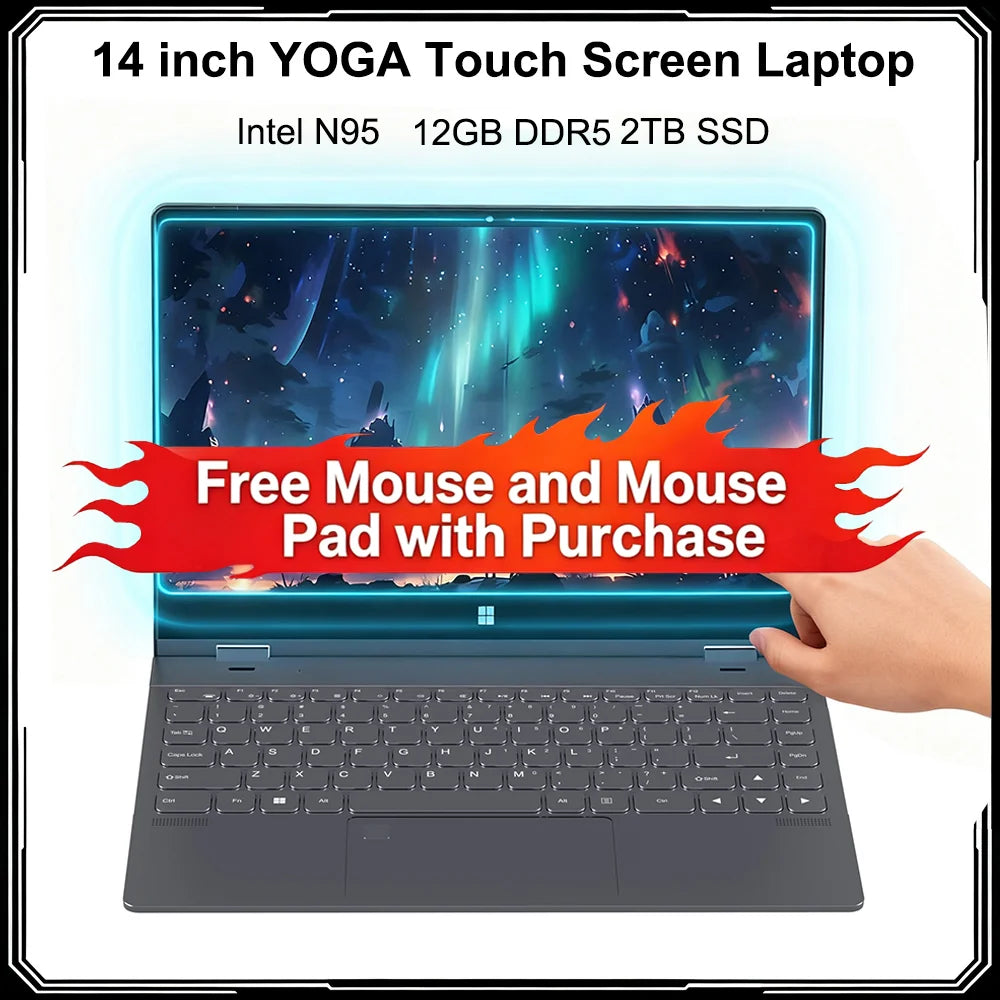 FW-Y1 14 Inch YOGA Laptop Touch Screen Notebook Intel N95 12GB LPDDR5 360° Flip Tablet 2-in-1 Pc Fingerprint Ulock Windows 11