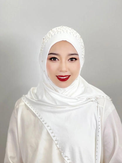 2026 Fashion Versatile Beaded Hijab for Women,Mid-Length Convenient Pull-over Hat Scarf,Malay Shawl Pure Color Women's Headscarf