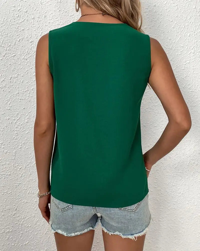 Sleeveless V-neck Lace Parchwork Blouse Women Loose Hollow Out Summer Tee Shirt Casual Streetwear Tsnk Top