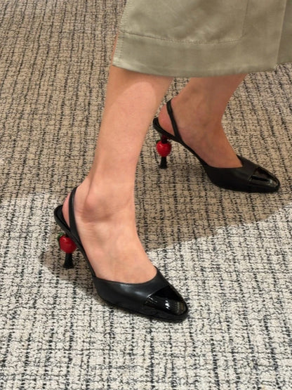 2026 Summer New Elegant Female Shoes Patchwork Pointed-Toe Stiletto Heels Sandals Luxury Trendy Back Strap Cherry High Heels 9cm