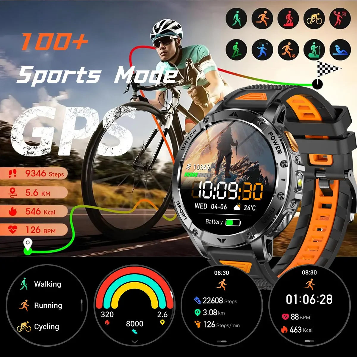 TANK Ultra Outdoor Smartwatch 1400mAh Battery Military Watches Waterproof Two-color Tactical LED Flashlight Men Sports Bracelet