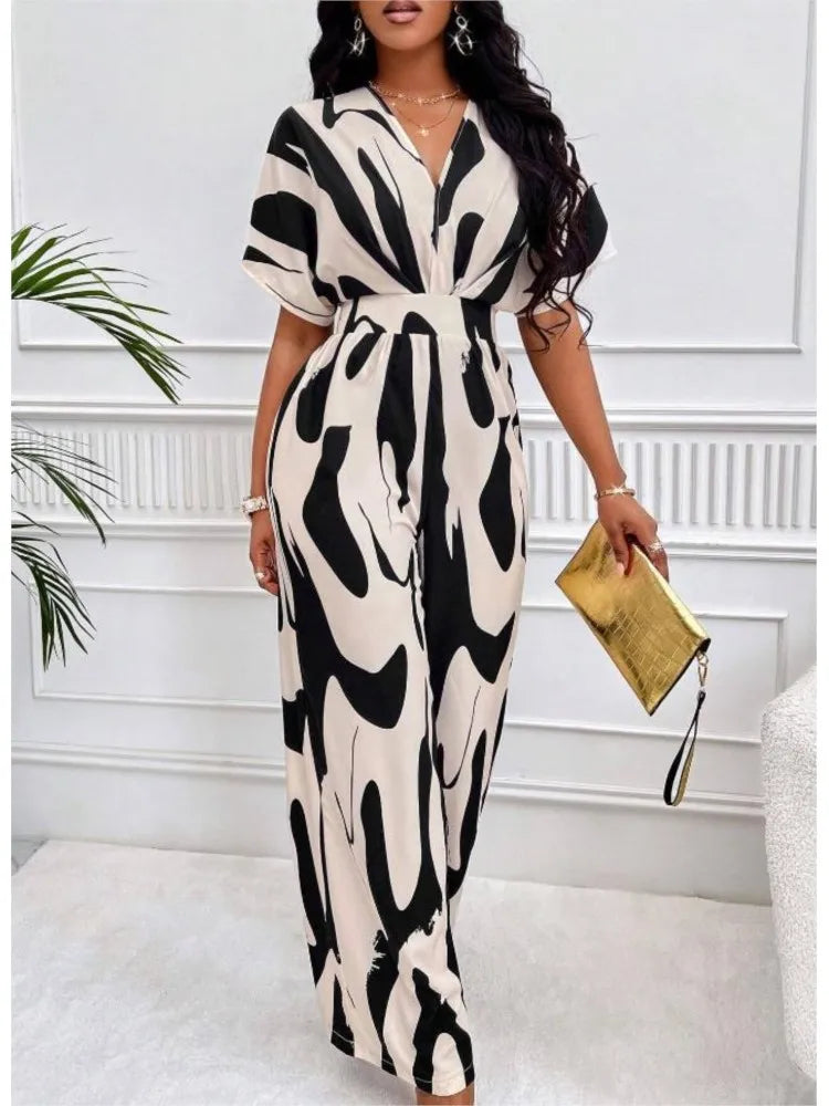 2024 Women Wide Leg Jumpsuit Spring Summer Fashion V Neck Short Sleeve High Waist Full Body Printed Jumpsuits Casual One Pieces