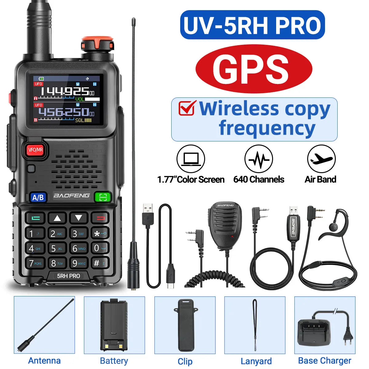 Baofeng UV-5RH PRO GPS Walkie Talkie Multi Band Wirless Copy Frequency NOAA Type-c Long Range UV-5R Tow Way Ham Radio