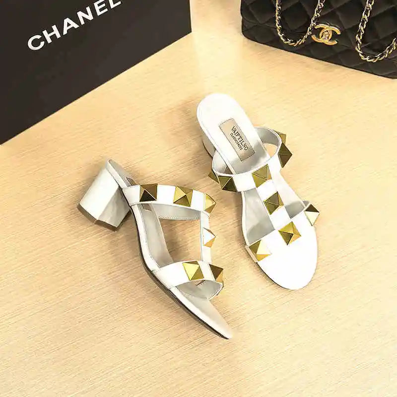 Women's Heels Sandals Gladiator Summer Luxury Brand Designer Rivets Open Toe Slipper Slingbacks Comfortable Ladies Shoes Women
