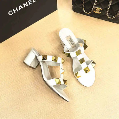 Women's Heels Sandals Gladiator Summer Luxury Brand Designer Rivets Open Toe Slipper Slingbacks Comfortable Ladies Shoes Women