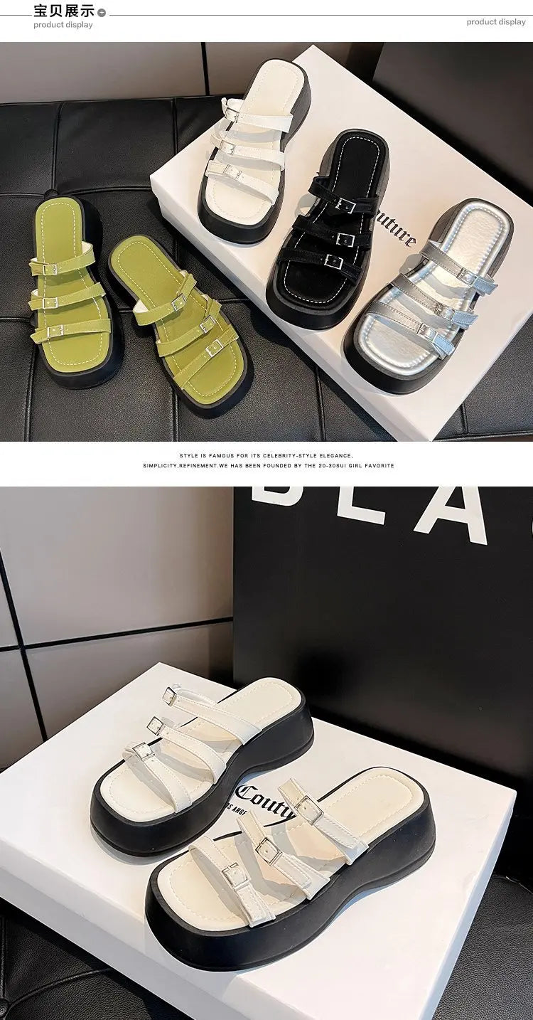 Women Thicken Soled Buckle Strap Sandals Platform High Heel Shoes Ladies Cut-Out Slippers Open Toe Flipflops Silver Beach Slides