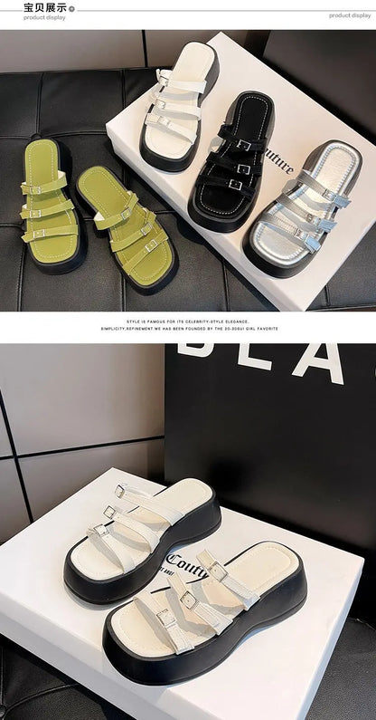 Women Thicken Soled Buckle Strap Sandals Platform High Heel Shoes Ladies Cut-Out Slippers Open Toe Flipflops Silver Beach Slides