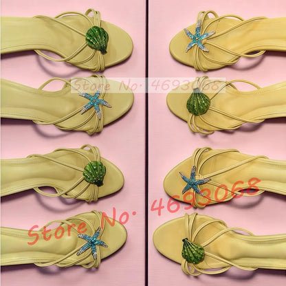 Rhinestone Shell Crab Decal Heeled Mules Women Elegant Beach Shallow High Heels Shoes Luxury Bling Cross Strap Fashion Slippers