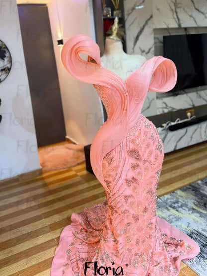 Aso Ebi Pink Evening Dresses Long Luxury Mermaid Beaded Rhinestone Leaf Red Chic Birthday Prom Party Gown for Wedding Customized