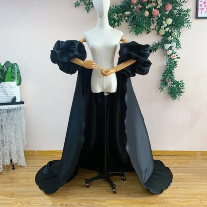 Red  Mikado Satin Long Wedding Cape Puffy Short Sleeves Court Tain Evening Cape Outfit Coat For Women Costume DJ199
