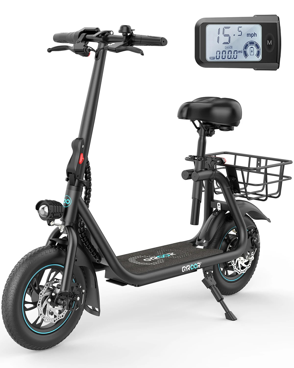GYROSHOES Adult Electric Scooter with Seat – 450W Motor, 15-Mile Range, 16 MPH, 12" Tires, Rear Basket, UL2272 Certified, Adjustable Seat for Commuting & Errands