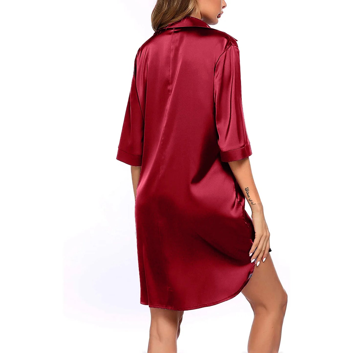 Women's Solid Color Silky Soft Pajamas Sexy Long Sleeve Nightshirt Smooth & Skin-Friendly Comfortable Home Sleepwear for Ladies