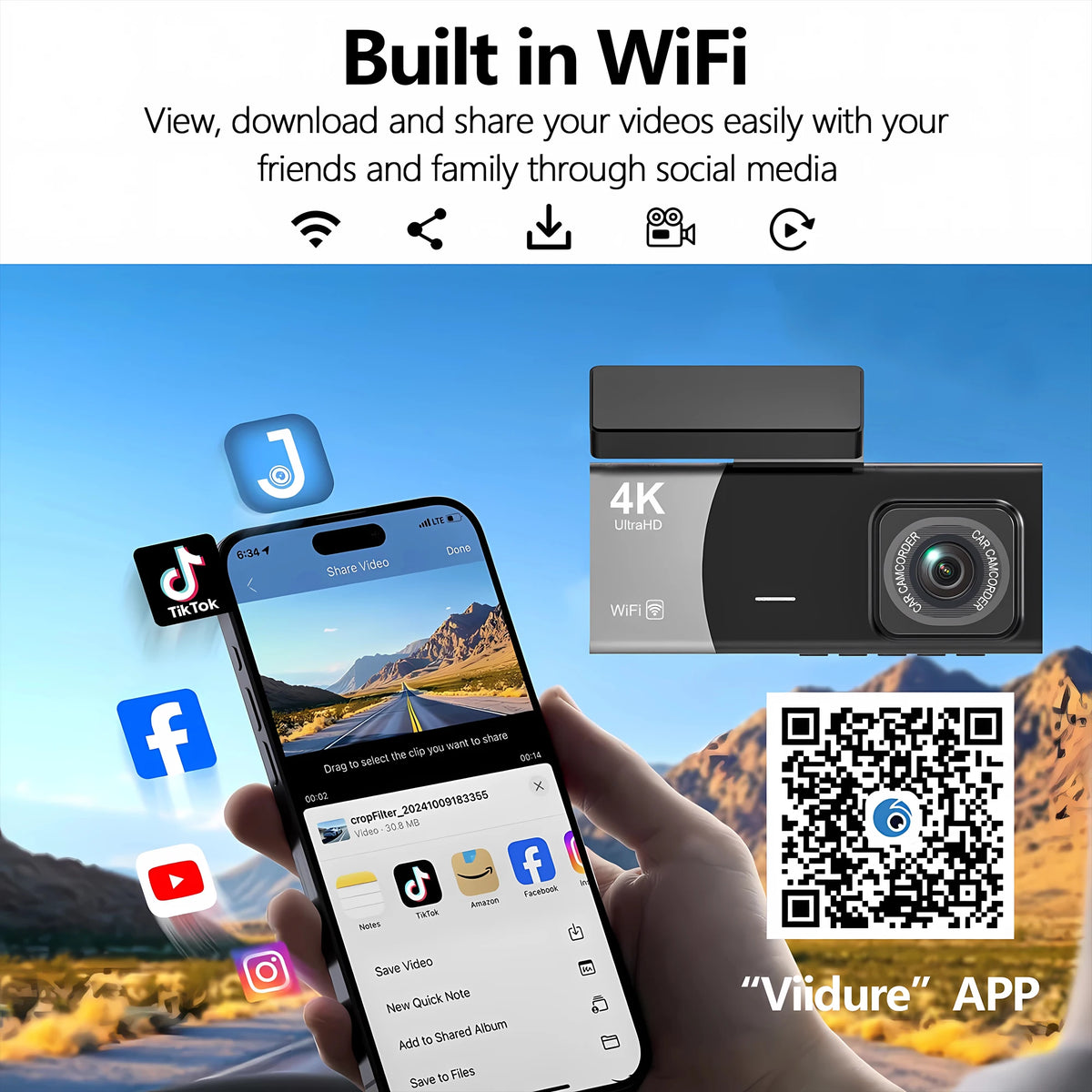 3 Channel 4K 2160P Dash Cam Car Front Inside And Rear WiFi Car Camera With APP Control Night Vision 24H Parking Mode Dashcam
