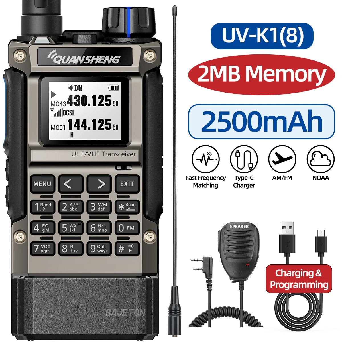 Quansheng UV-K1(8) Multi-Band Walkie Talkie 2MB Flash Wireless Copy Frequency Long Range Type-C Charger for Quansheng UVK5 K6