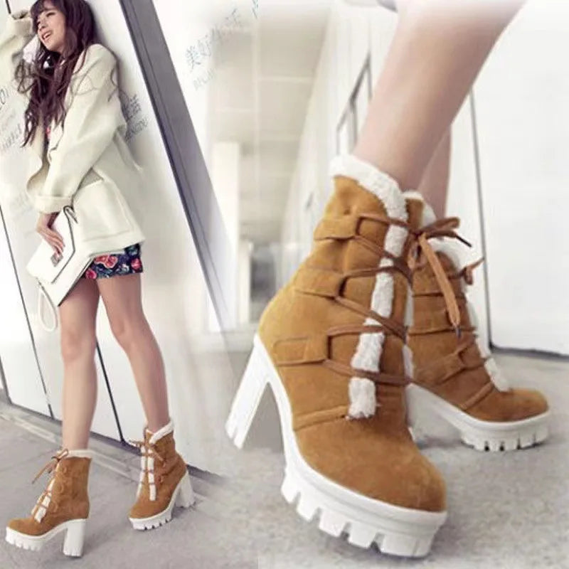 Winter Warm Girls Boots Fashion Lace Up Platform High Heels Women Ankle Boots Cosplay Casaul Party Fur Warm Women Boots Shoes 43