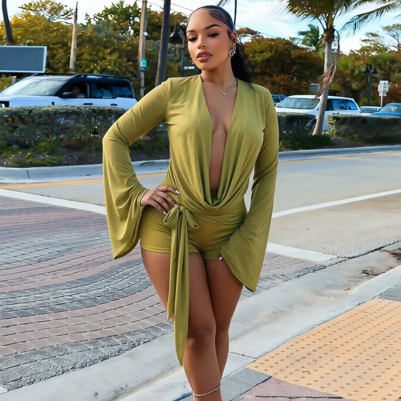 Chiffon Long Sleeve Sexy Slender Ladies Ruffle Neck Deep Back Bodysuit Three-Part Shorts