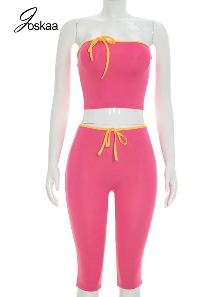 Joskaa Sexy Line Patchwork 2 Piece Set Women Strapless Bow Crop Top and High Waist Capri Pants Matching Tracksuits Streetwear