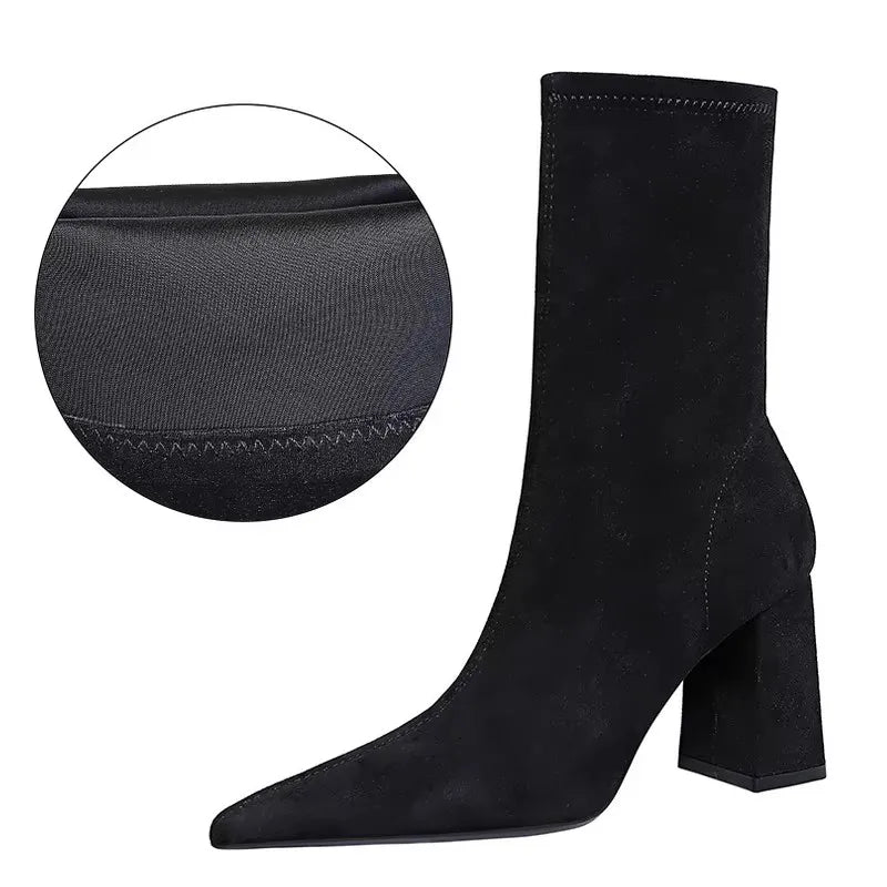 BIGTREE Shoes High Heel Boots Suede Women Ankle Boots Pointed Toe Socks Boots Thick Heel Women Shoes Warm Winter Boots Size 43
