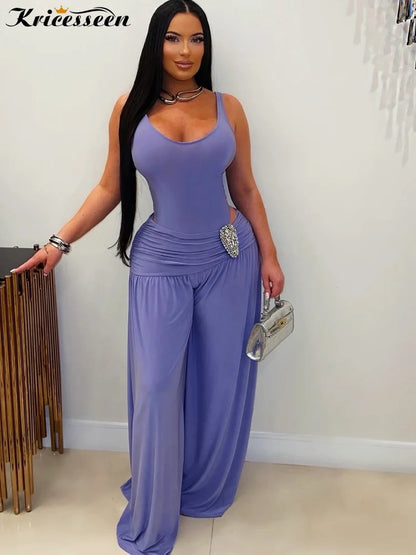 Kricesseen Sexy Ruched Waist Jumpsuits for Women Solid Sleeveless Wide Leg Long Pants Celebrity Party Clubwear Rompers