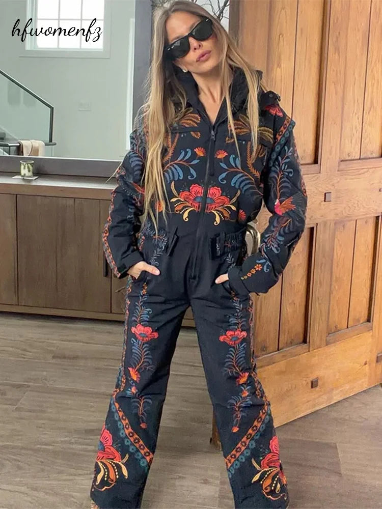 Winter Printed Women Hodded Ski Jumpsuits Full Sleeve Zippers Stand Collar Pocket Snowboard Overalls One Piece Windproof Outfits