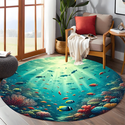 Underwater Coral Reef Fish Round Rug Ocean Marine Life Decor Soft Flannel Living Room Bedroom Bathroom Floor Mat Carpet