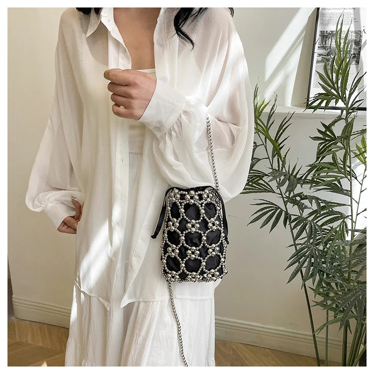 White Beading Bucket Shoulder and Crossbody Bags Exquisite Sense of Luxury Fresh Party Handbags for Women 2024 Fashion on Sale
