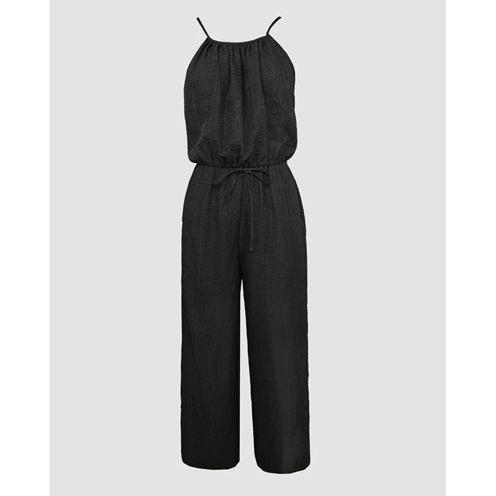 Women's Casual Solid Color Wide Leg Straight Overalls Summer Sleeveless Spaghetti Strap Drawstring Waist Jumpsuits