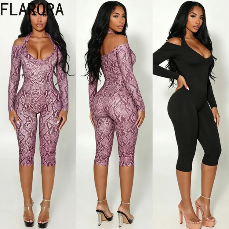 FLARORA Sexy Serpentine Print Jumpsuits Woman Halter Off-shoulder Full Sleeve Skinny Peach Hip Playsuits Hottie Party Clubwear