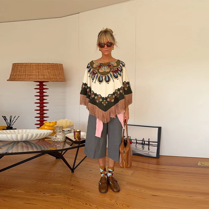 Elegant Printed Women's Shawl Fringed O-Neck Irregular Lady Cape 2026 Spring Summer Fashion Female Tassels Street Wear