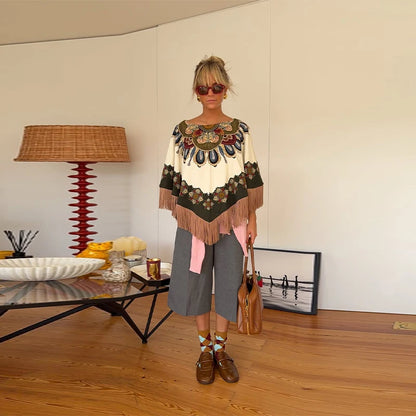 Elegant Printed Women's Shawl Fringed O-Neck Irregular Lady Cape 2026 Spring Summer Fashion Female Tassels Street Wear