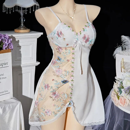 Thin Lace Bow Women's Pajama Dress Embroidered Mesh Transparent Ice Silk Suspender Nightdress Sleeveless Sleepwear