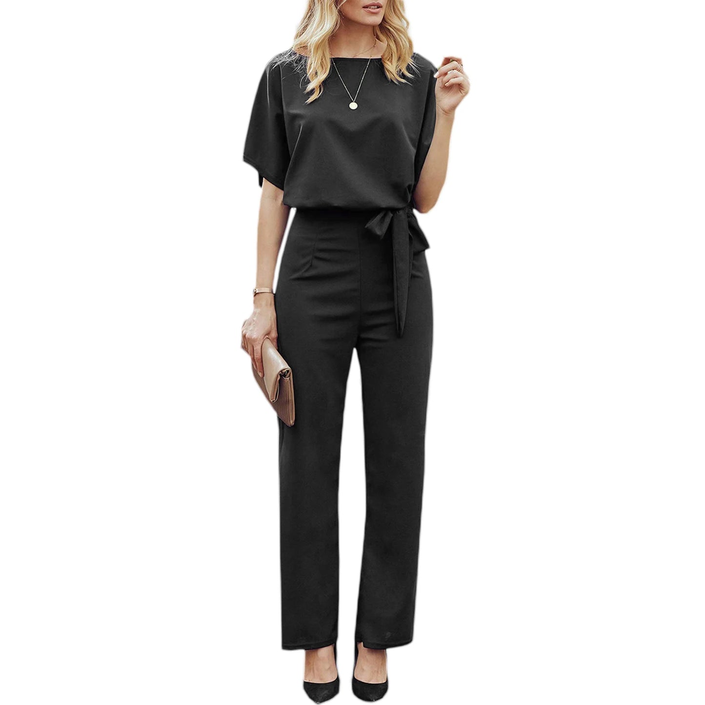 Women's clothing summer 2024 Jumpsuit, Elegant Short Sleeve Hollowed Waist Tie Solid Summer Wide Leg Pants