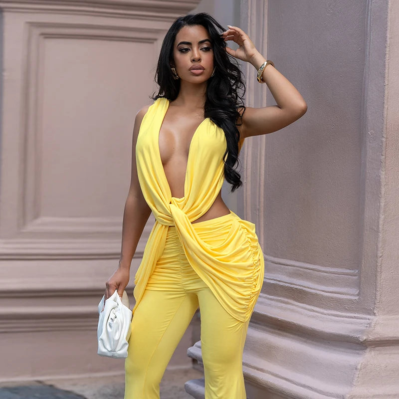 Sexy hot girl solid color layered hanging feeling low neck sleeveless jumpsuit pants