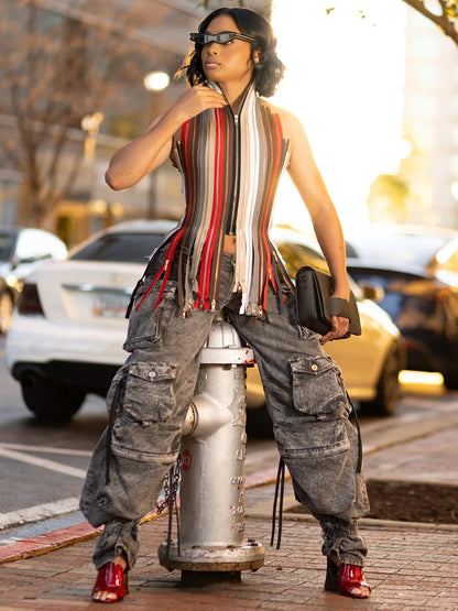 Whatiwear Hip-Hop Style Tank Tops Woman Colorful Stripe Halter Multiple Zip Design Bandage Backless Irregular Hem Street Vests