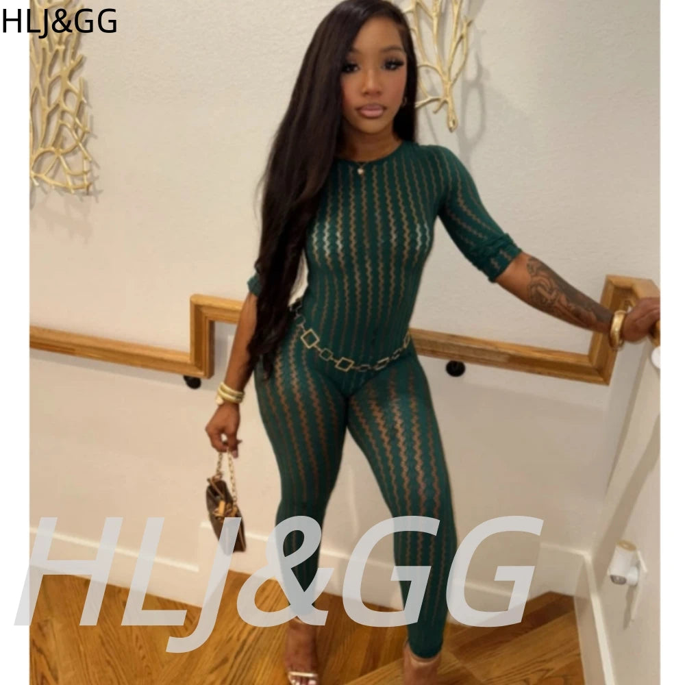 HLJ&GG Sexy Mesh Stretchy See Though Bodycon Jumpsuits Women Round Neck Long Sleeve Slim Playsuits Fashion Print Overalls 2025