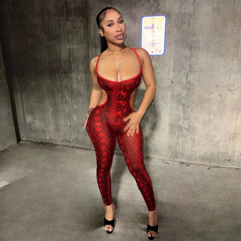 FLARORA Sexy Serpentine Print Jumpsuits Woman Hipster Sling Hollow Backless Skinny Jumpsuit Hottie Party Club Street Overalls