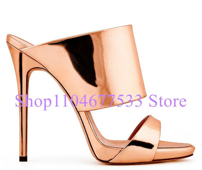 Fashion Stiletto Heel Lady Slipper Sandals Luxury Champagne Gold High Heels Sandals Shoes Woman Large Size Casual Sandals