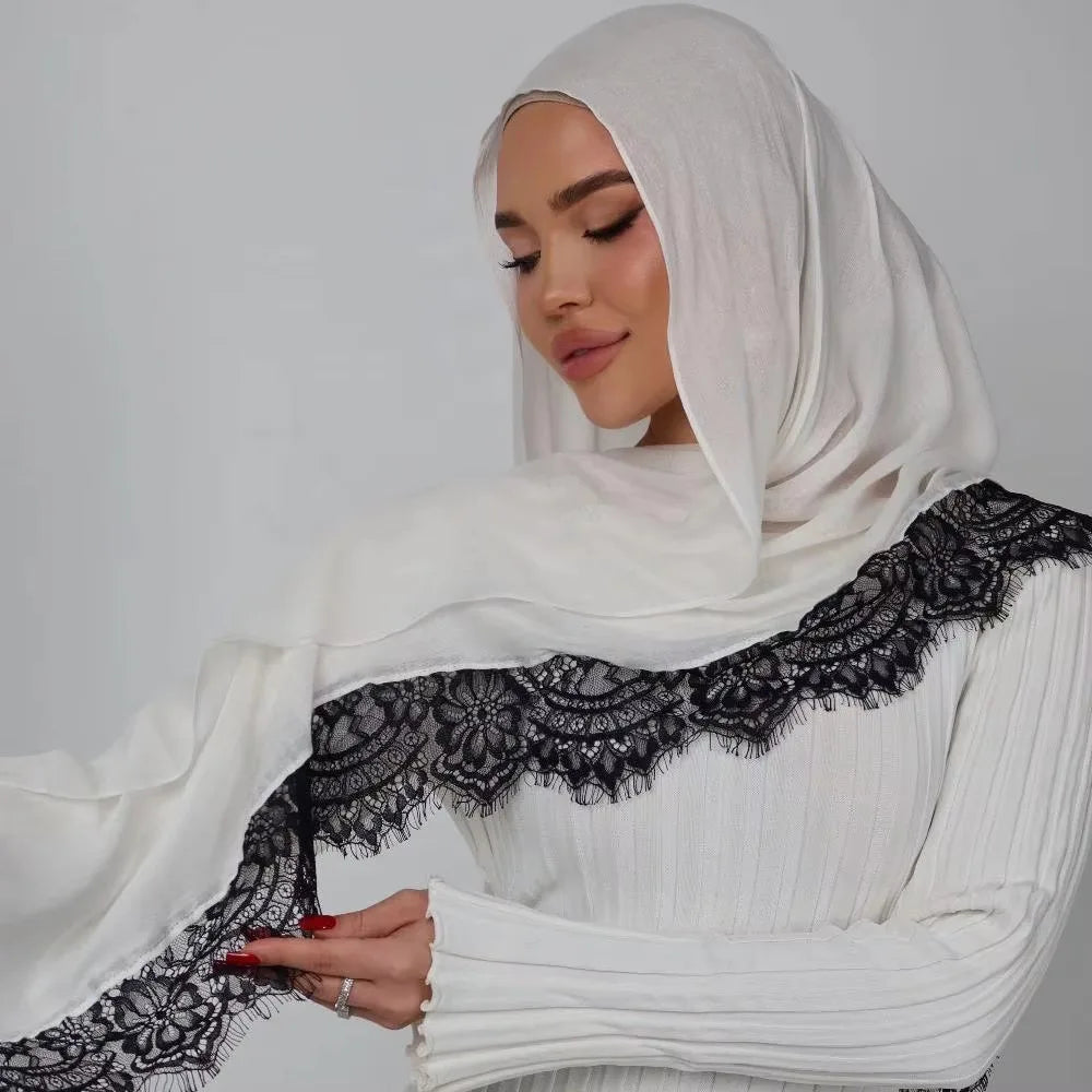 Ramadan Rayon Cotton Modal Hijab Scarf Lace L Edge Splicing Turban Breathable Shawl Cotton Plain Scarf Headscarf Women Hijabs