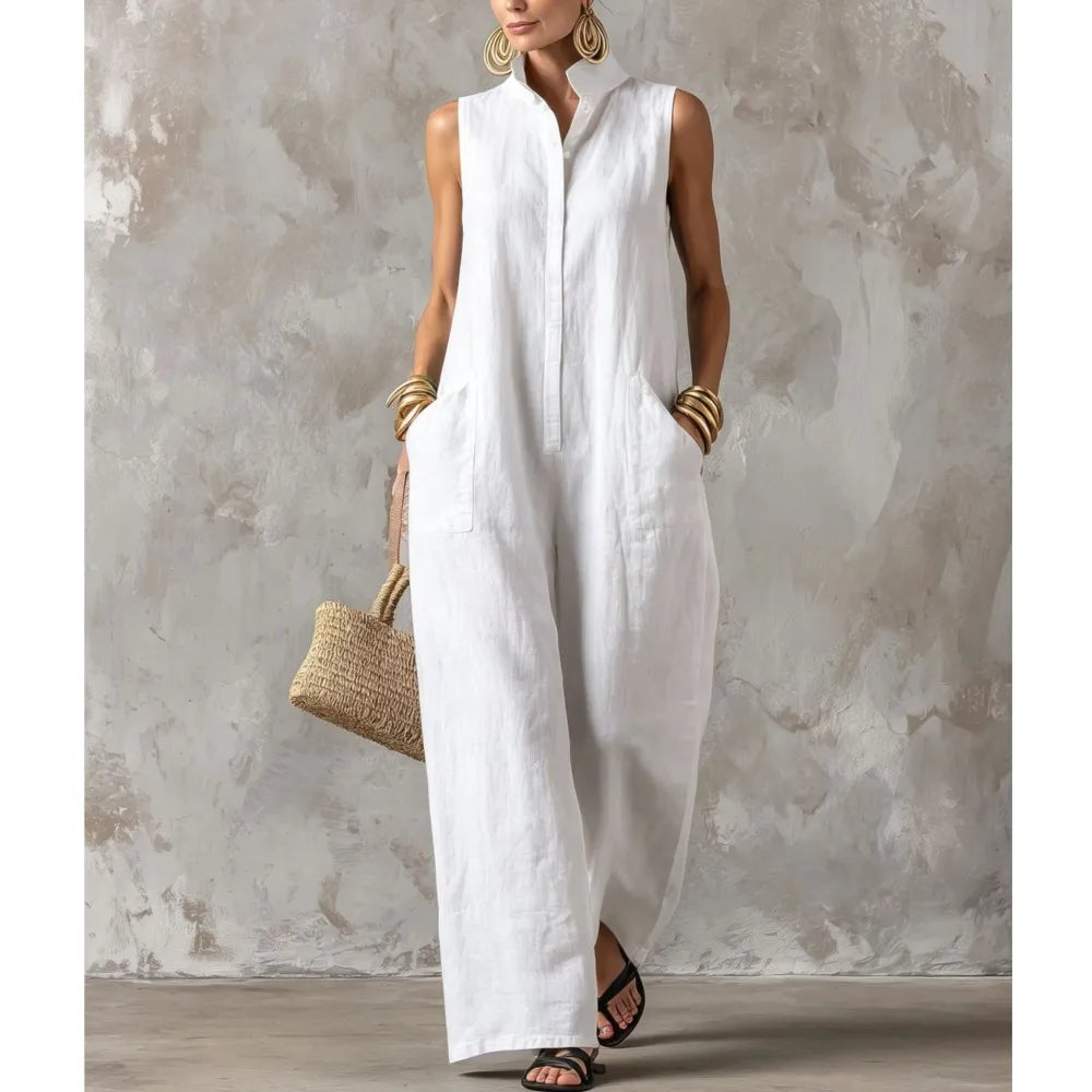 Elegant Women's Sleeveless Linen Blend Jumpsuit Button Down Collared Romper Casual Loose Summer Beach Vacation Boho Jumpsuits