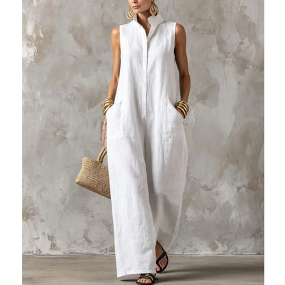 Elegant Women's Sleeveless Linen Blend Jumpsuit Button Down Collared Romper Casual Loose Summer Beach Vacation Boho Jumpsuits
