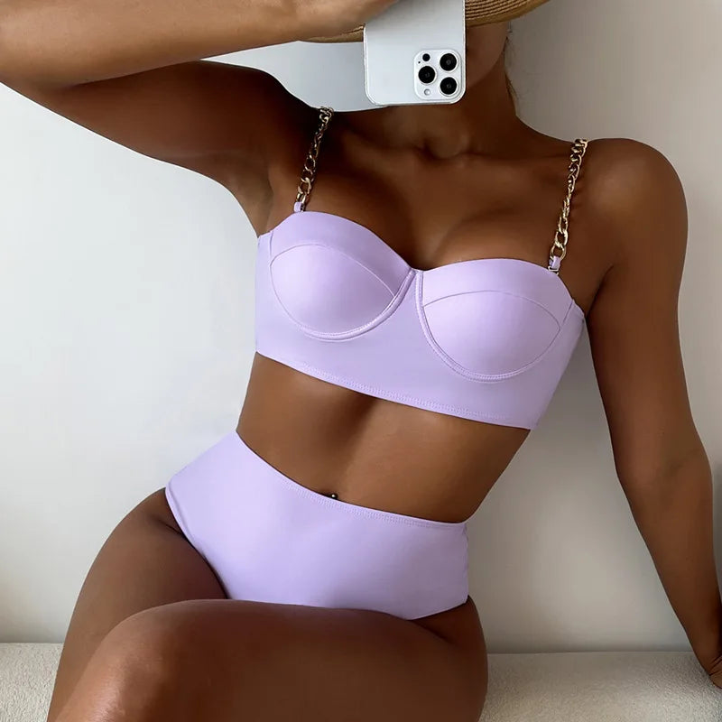 Push Up Bikini Hard Wrap Top Underwire Chain Shoulder Straps High Waist Bottom Swimwear Women Solid Swimming Beach Bathing Suit
