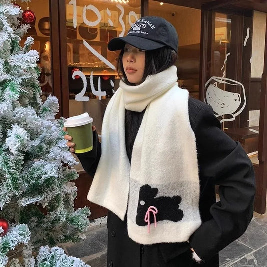 Women's Scarves New Korean Trendy Sweet Winter Warm Thicked High-quality Scarf For Girl Cute Puppy Bunny Cute Kawaii Versatile