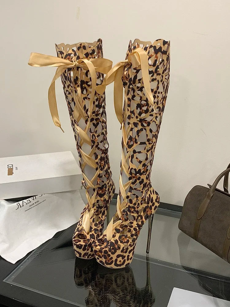 Aneikeh Sexy Leopard Print Hollow Out Ultra-high Heels Knee-High Boots Lady Club Stripper Peep Toe Platform Sandal Long Booties