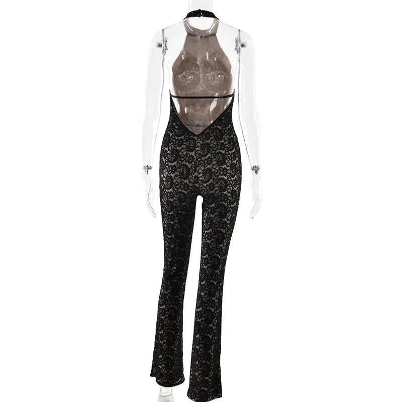 Mozision Lace Backless Sexy Jumpsuit Women Rompers Halter Off-shoulder Sleeveless Skinny Club Party Jumpsuits Female Clothes