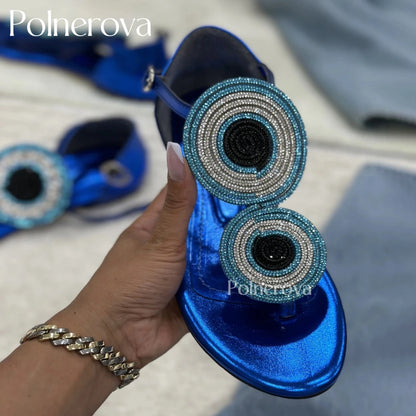 Blue Eyes Rhinestone Sandals Round Crystal Flats Round Toe Patent Leather Buckle Summer Shoes Luxury Shiny Women's Flat Sandals