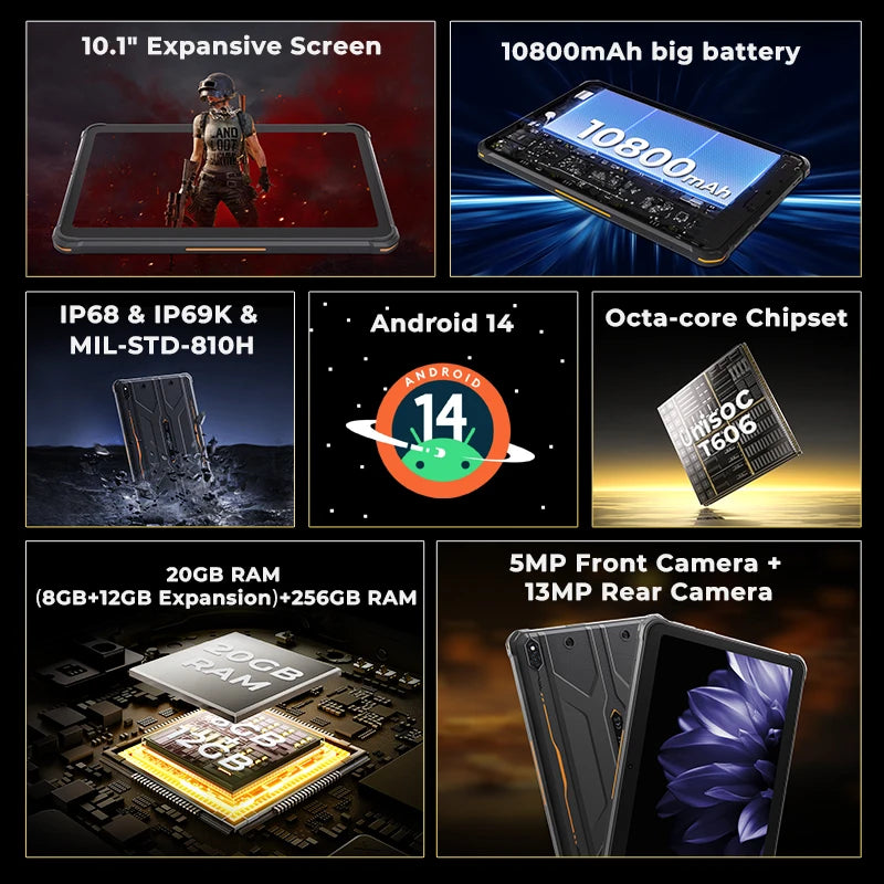 HOTWAV R10 Pro Rugged Tablet 10800mAh Massive Battery 10.1'' HD+ Display Octa-core Pad Android 14 8GB/16GB Expansion RAM 256GB ROM 13MP + 5MP Camera 4G Global Tablet PC