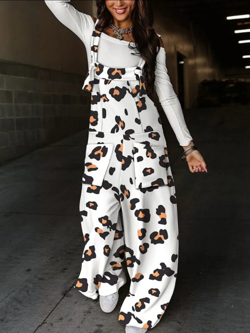 Women's Colorful Leopard Print Overalls - Wide Leg Loose Fit Casual Jumpsuit with Adjustable Straps High Waist Fashion Streetwe