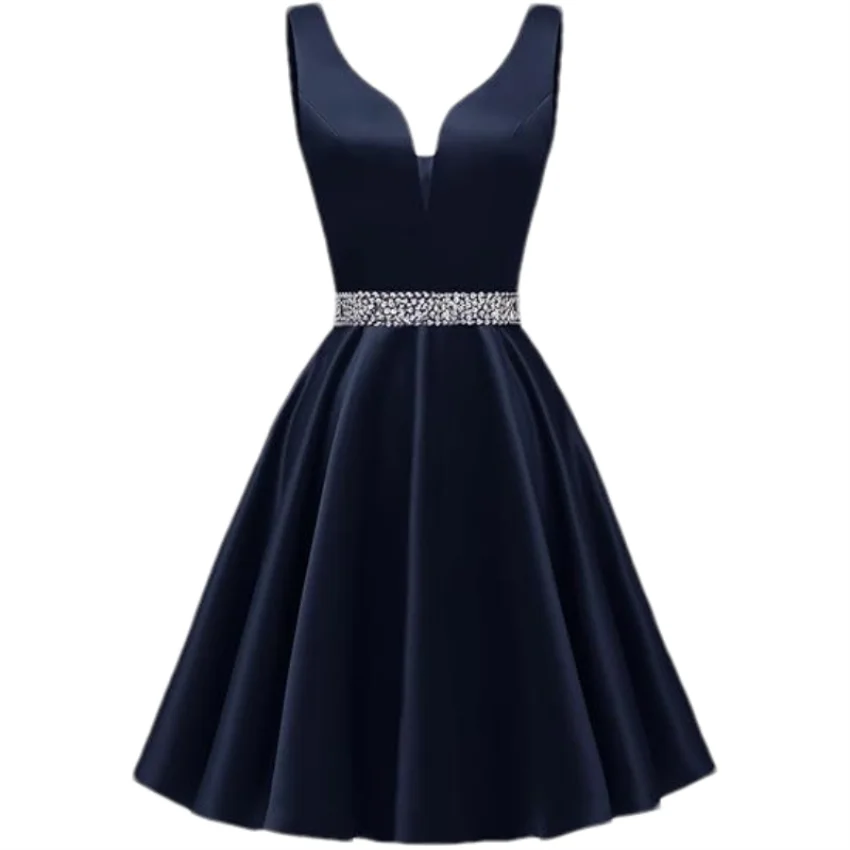 Customized Simple Satin Homecoming Dresses for Teens Short Prom Dress V-Neck Beaded Belts Evening Formal Cocktail Party Gowns