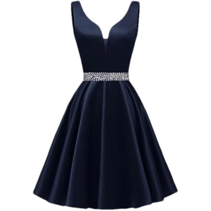 Customized Simple Satin Homecoming Dresses for Teens Short Prom Dress V-Neck Beaded Belts Evening Formal Cocktail Party Gowns